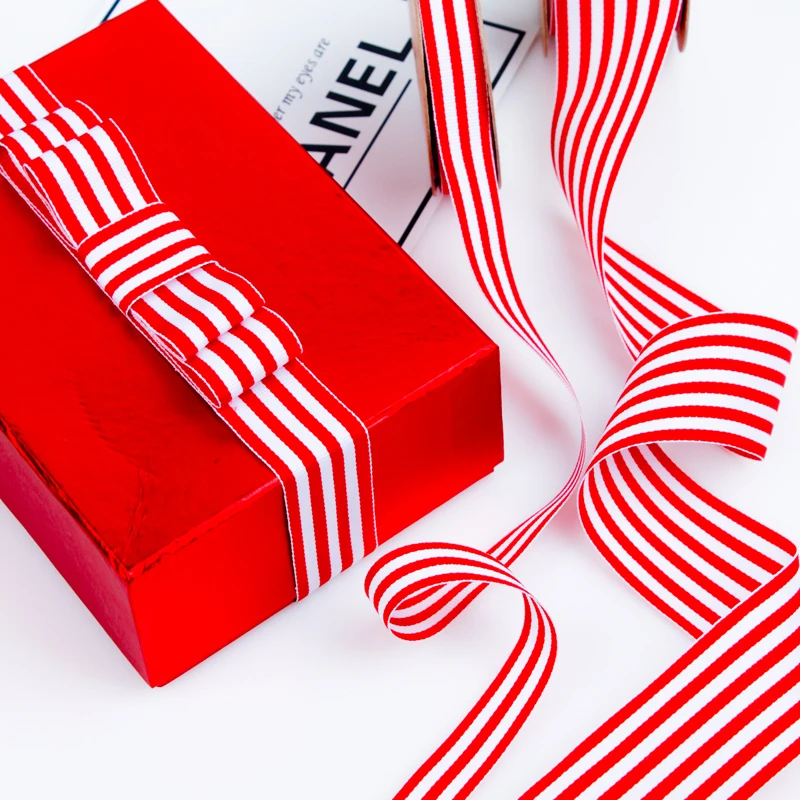 
Hot Selling 100% Polyester Red Black and White Striped Grosgrain Ribbon 