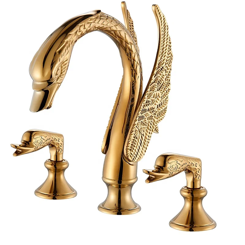 
2019 New Arrivals Luxury Golden Swan Faucet Deck Mounted Dual Handles Hot Cold Water Mixer Tap washroom Basin Sink Faucet 