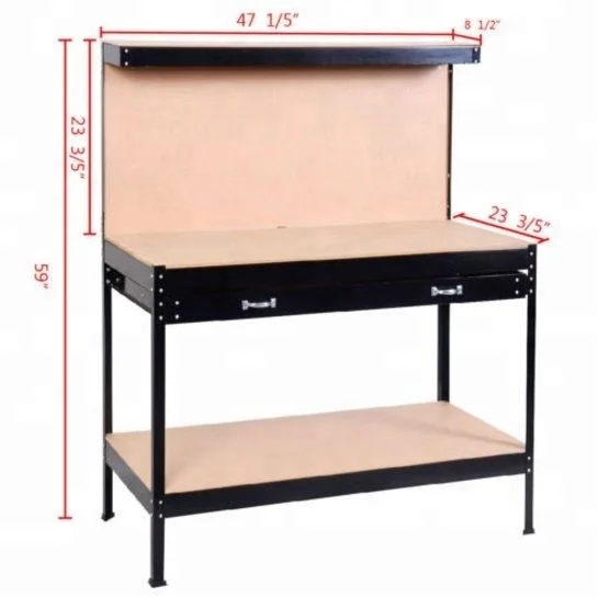 black work bench tool storage steel frame workshop table drawer and peg board