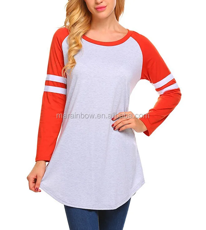 Womens wholesale custom cheap Raglan Long Sleeve O Neck Jersey Tunic Loose Baseball T Shirt