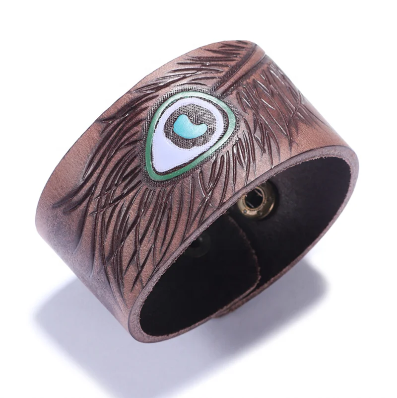 Vintage Adjustable Button Women Men Peacock Feather Printed Genuine Leather Cuff Bangles & Bracelets