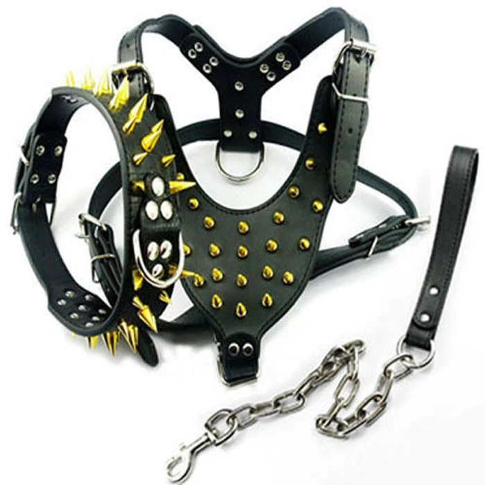 Wholesale OEM Manufacture PU Leather Dog Collar & Harness Leash Set Spiked Studded Pet Vest Accessories