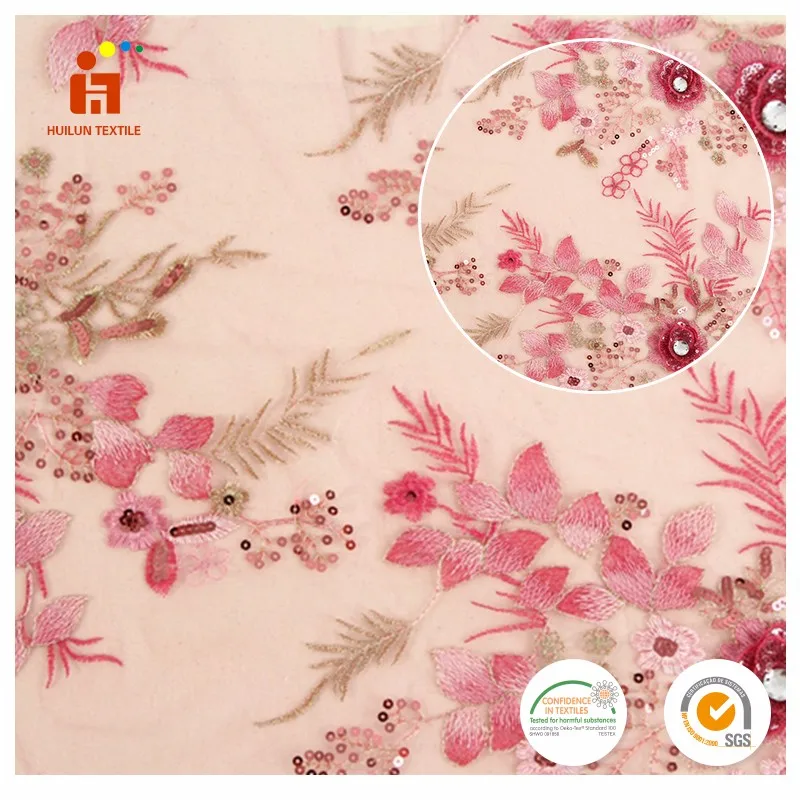 Hot products 2022 polyester mesh pink 3D flower sequin hand beaded embroidery lace