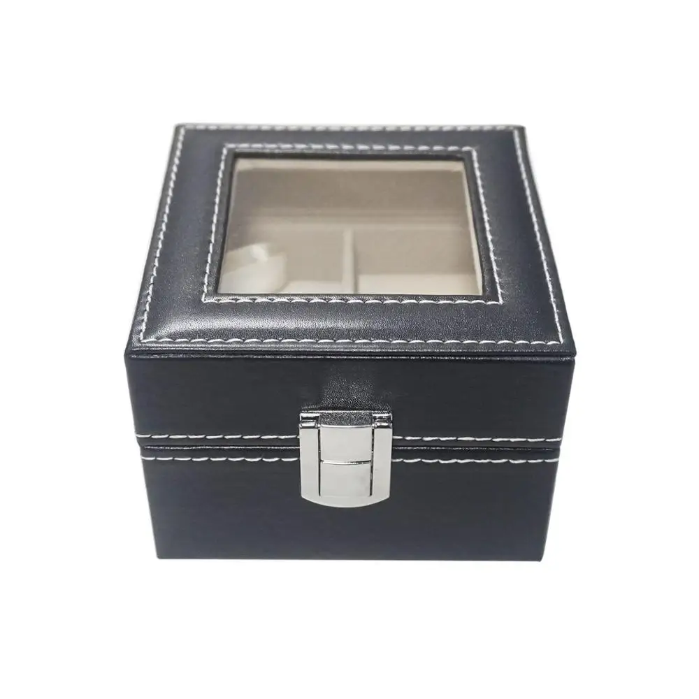 
High quality custom made black PU leather wooden watch case 2 slots watch packaging display box 