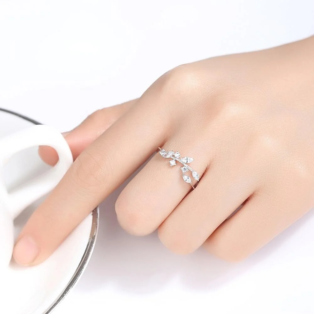 CZCITY Exquisite CZ Stone Silver 925Jewelry Adjustable Open Ring Korean 925 Sterling Silver Handmade Olive Leaf Rings for Women