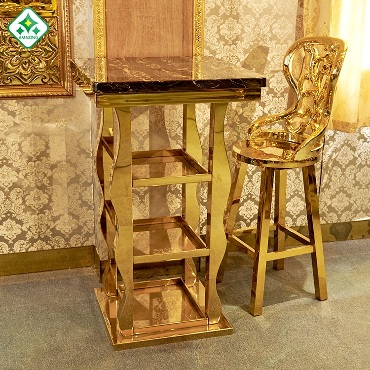 
luxury Stainless Steel Square Marble Bar Table With Metal Base night club furniture 