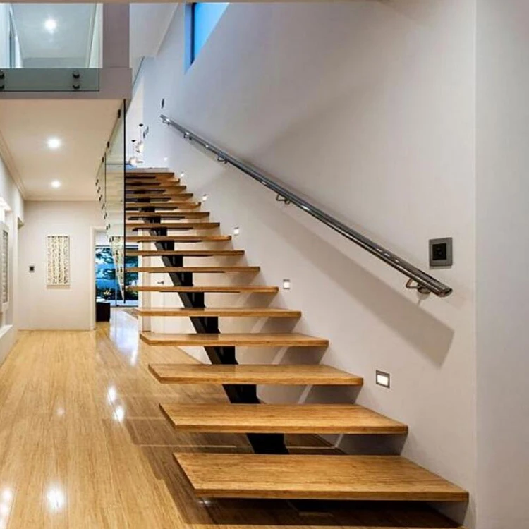 Australian standard mono steel stringer stairs with 40mm thick oak wood treads commercial wooden metal stairs with glass railing