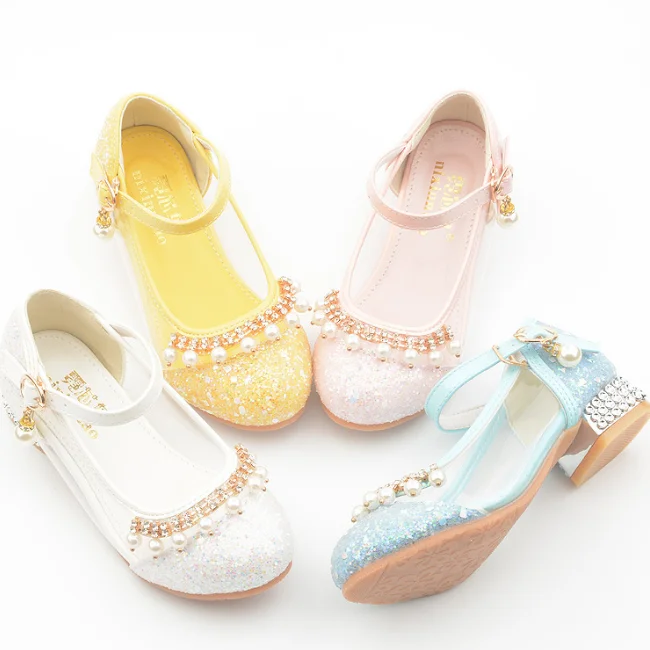 KS0800 Nice transparent design kids party shoes square heel girls diamond shoes