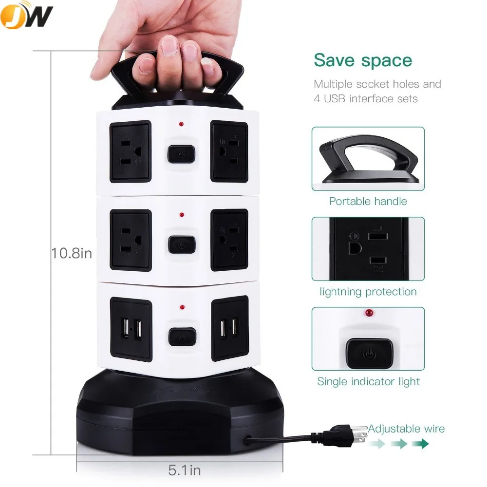 Dongguan Supplier 10 US Outlets 4 USB Ports Vertical Power Strip Surge Protector US Standard Socket