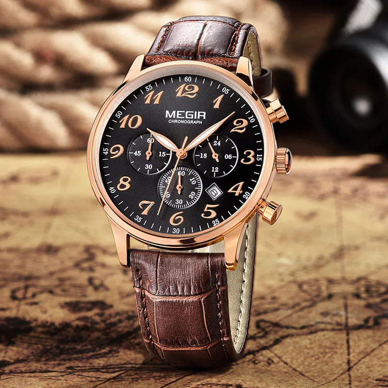 WJ-5508 genuine leather strap quartz movement fancy men Megir water resistant watches