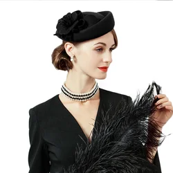 Navy Red Black Woman Formal Cocktail Church Fedoras Wool Felt Bridal Races Wedding Floral Fascinators Hats For Ladies Wholesale