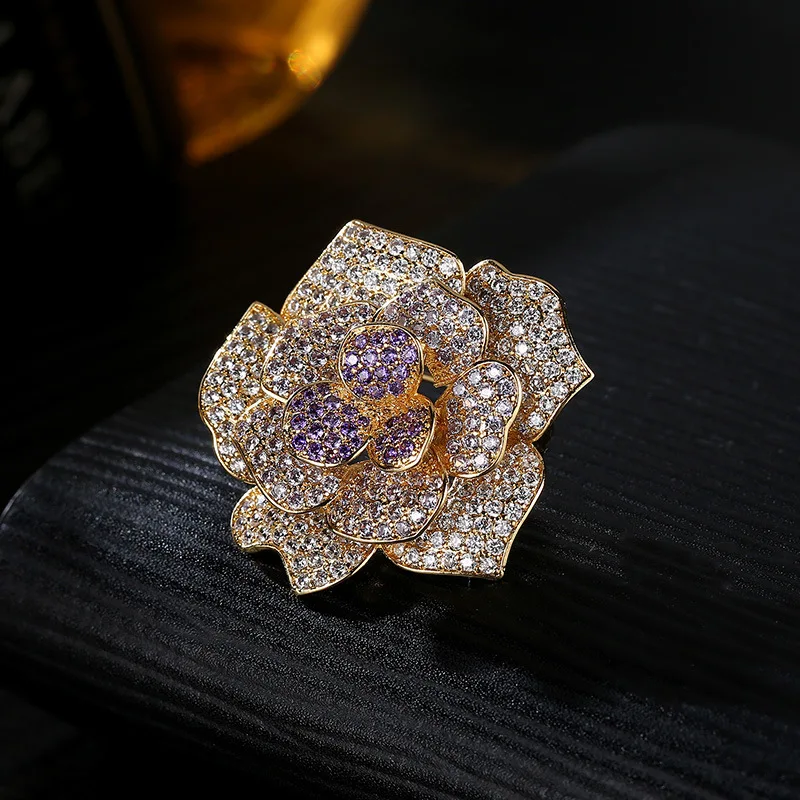 High quality luxury women copper cubic zircon gold plated rose flower brooch