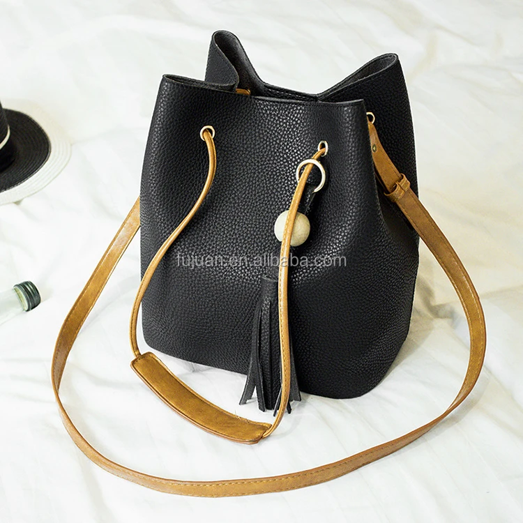 
High quality bag fabric pu leather litchi line long strap messenger bag 2 pieces metal small circle bucket bag purse organizer 