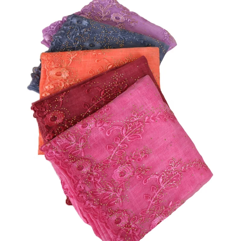 Wholesaler Fashion Beautiful Soft Cotton Lace Diamond Tie Dye Solid Color Islamic Muslim Women Hijab Shawl Scarfs pashmina