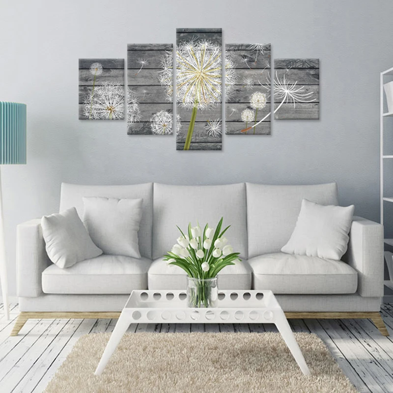 5 Панель Большой Холст стены книги по искусству Одуванчик белый цветок на Винтаж Серый дерево доска задний план деревенский стиль
