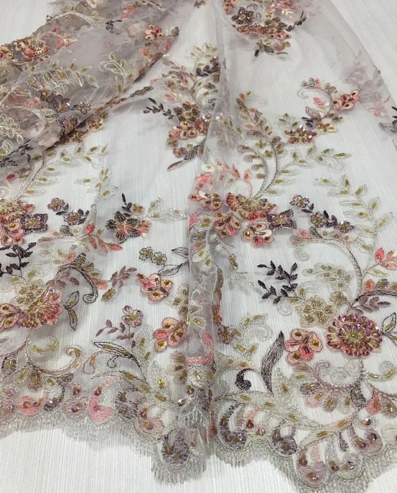 top end bridal beaded lace fabric with embroidery on mesh hand sequin and beaded tulle  lace fabric for party dress