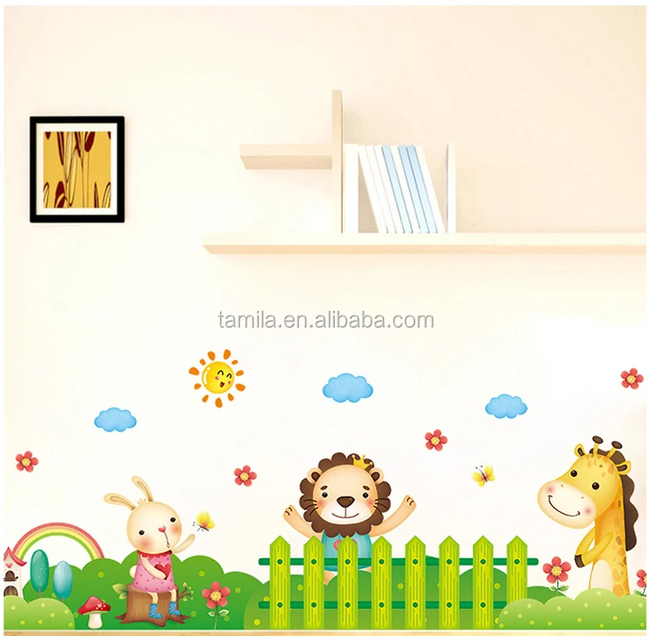 Cartoon animals lion giraffe tree wall stickers for kids room kindergarten decoration removable wall decals