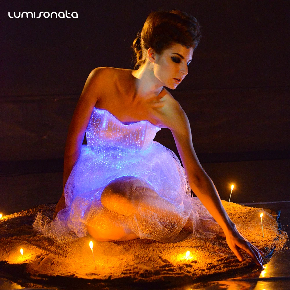 Fibre optic led lighting luminous patterns blue couture prom women dress