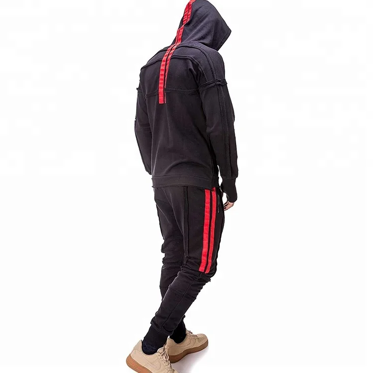 Stylish Street Edgy Vibe Black Sweatshirt Side Striped Streetwear Tracksuit With Red Striped