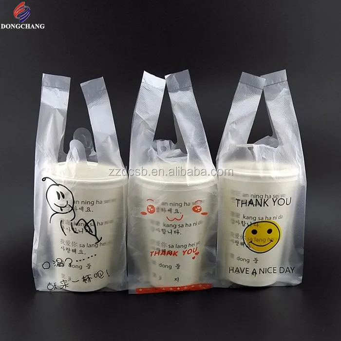 Plastic t-shirt type milk tea packaging bag with your own logo printed