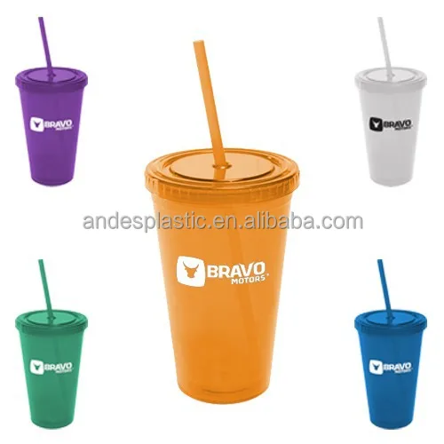 Bpa Free 16Oz Beverage Lid Double Wall Plastic Cup With Lid and Straw