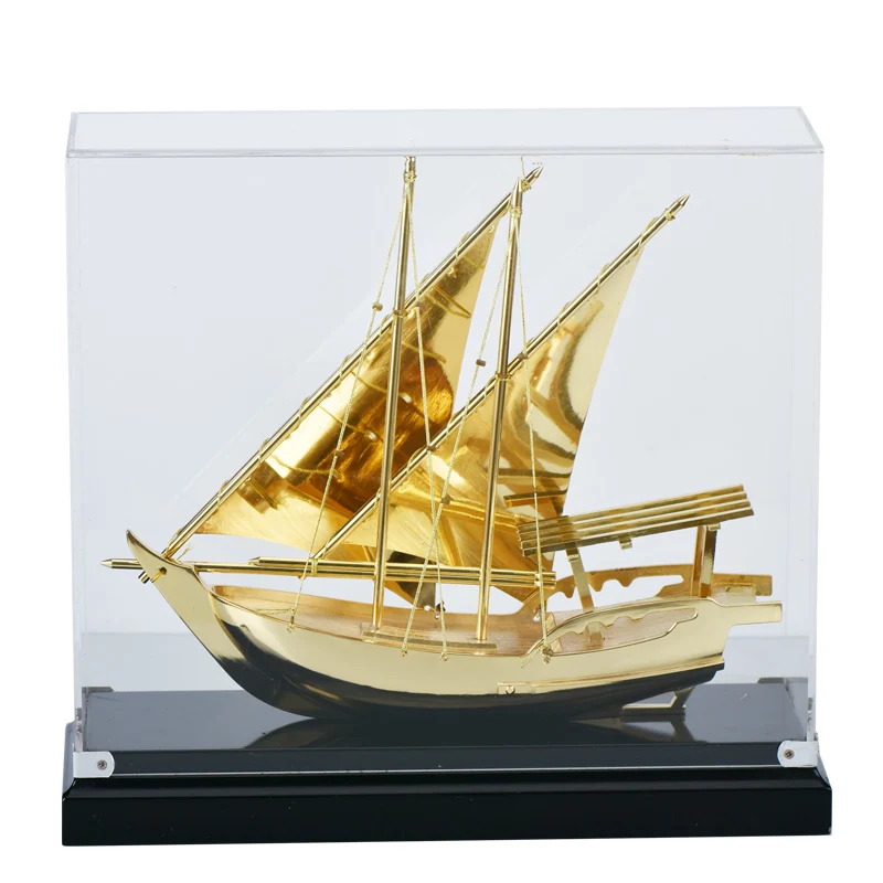 Antique Metal Golden Plated Ship Boat Model In Acrylic Box For Souvenir Gifts