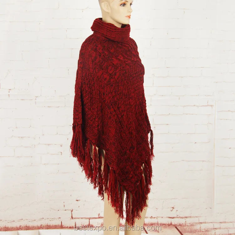 
wholesale winter knitted poncho with fringe choker cashmere pullover sweater women wool cloak 