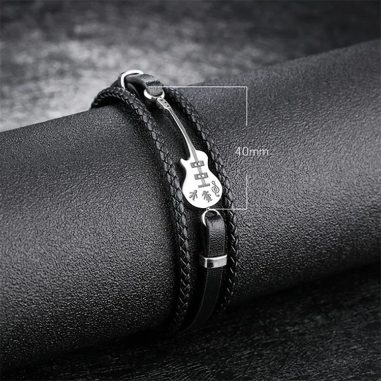 Trendy Stainless Steel Music Festival Guitar Men Leather Rope Bangle Bracelet