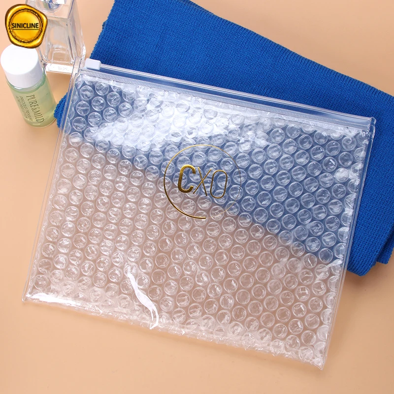 
Sinicline custom 0.2mm clear PVC bubble coated makeup package with gold foil logo design 