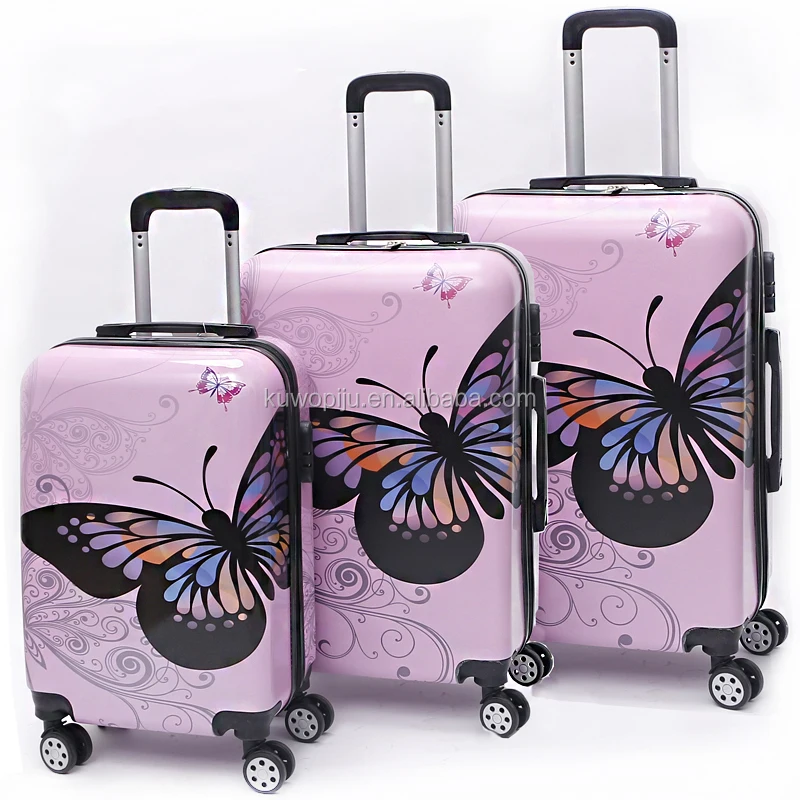 3 PC Hard Shell 4 Wheels butterfly printed on suitcase ABS PC butterfly print luggage