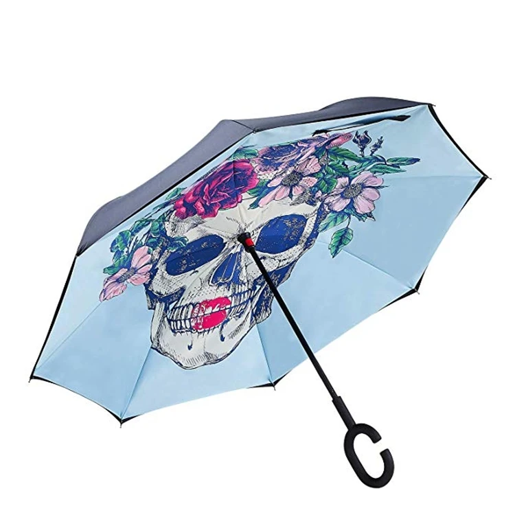 reverse umbrella with custom logo double layer flower print inside C  curve handle for promotional inverted umbrellas for rain
