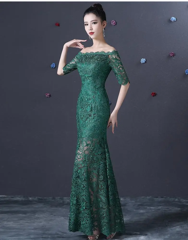 
Q054 Mermaid Host Dress half sleeves Evening night wear Green Lace sheath Mother of the Bride Dresses 