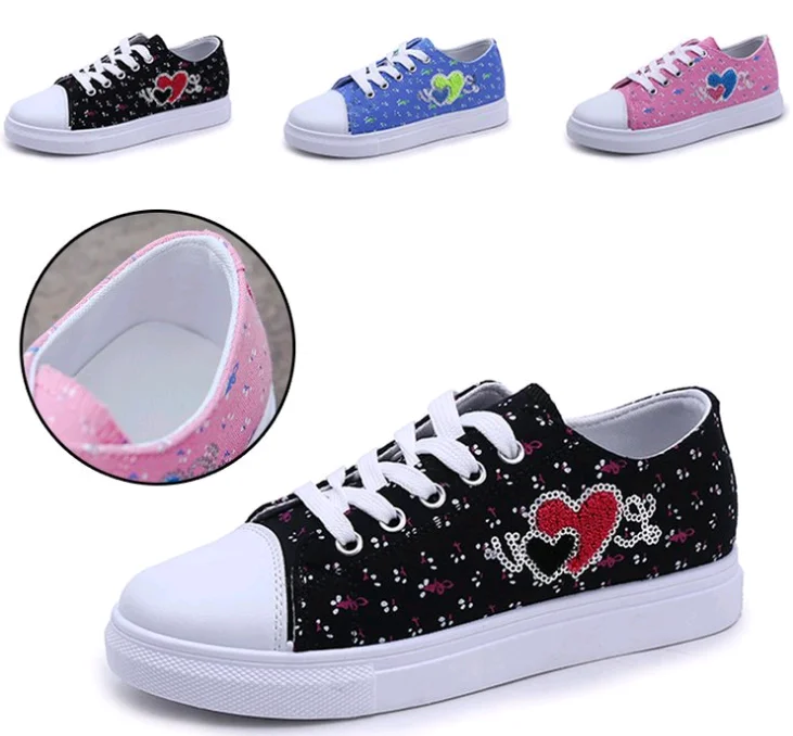 Latest design ladies shoes flower print fashion women lace up canvas shoes