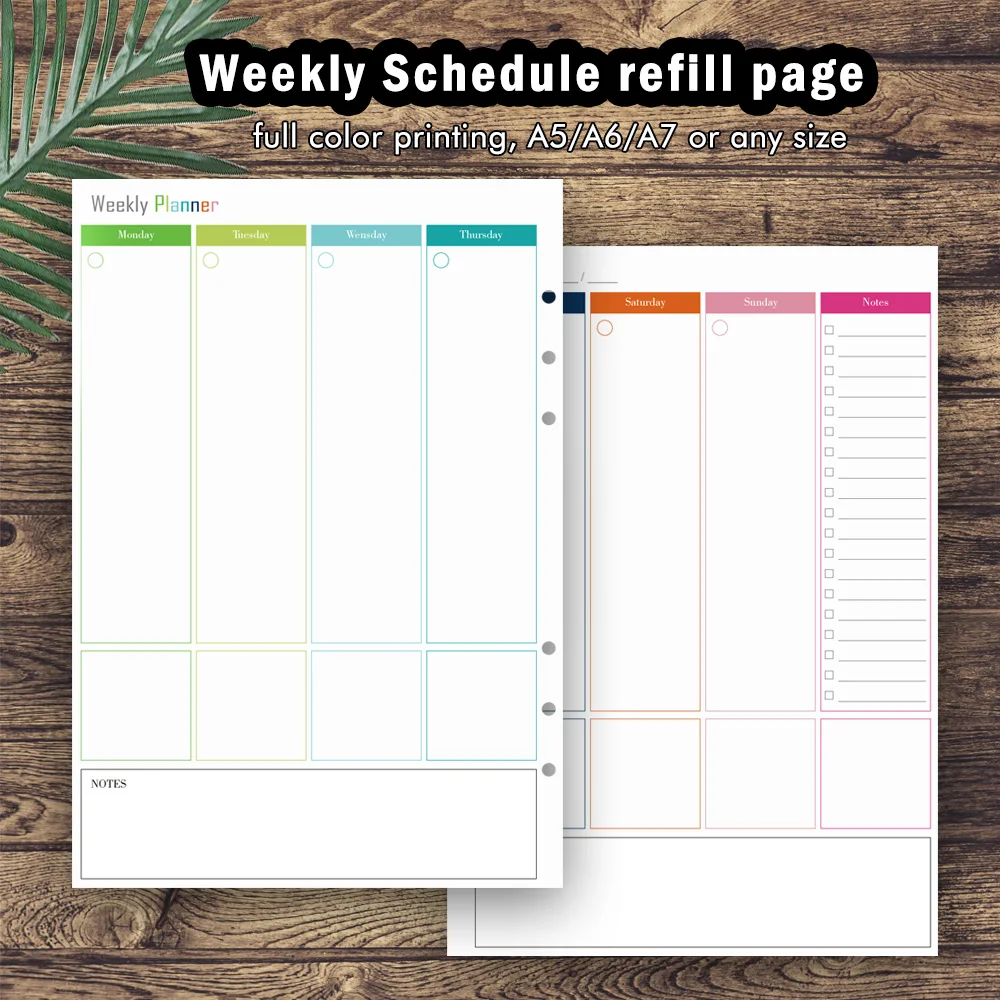 A5 /A6/A7 /A4/B5 weekly pages customize ,6 rings holes planner refill pages personal diary weekly schedule insert page