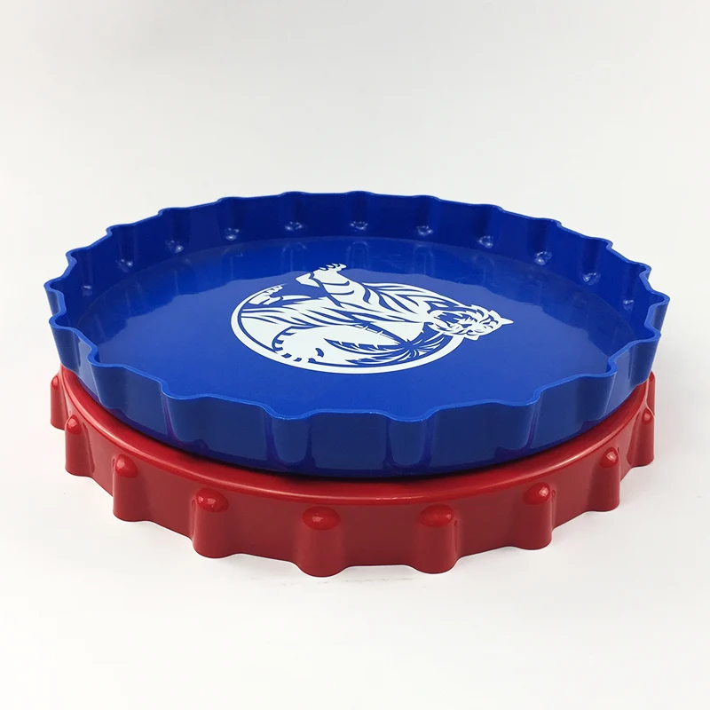Promotion cheap beer bottle cap shape round plastic serving tray