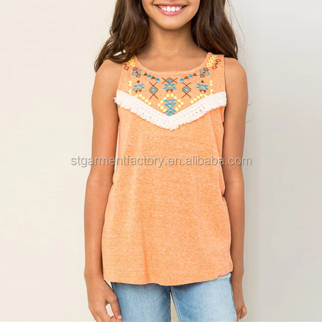 
Girls Embroidery Top Sleeveless Girls Tees Blouse Tassel Bohemian Style Clothing for Children Teenagers Girl Tee Shirt Stb-0944Y 