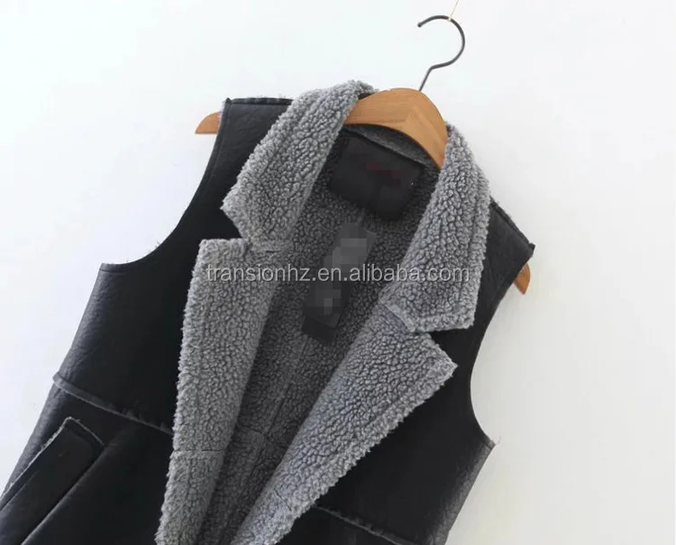 women faux fur leather waistcoat long sherpa fleece vest