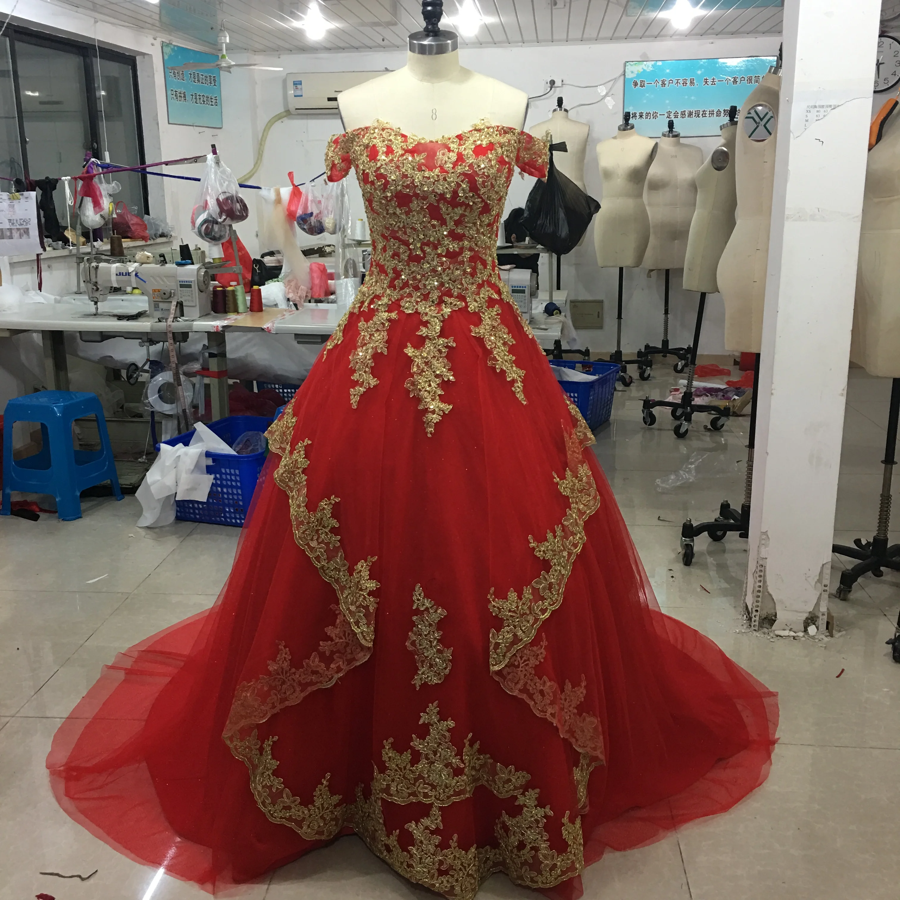 Tailored China Inspired Plus Size Accent Color Embroidered And Beaded Tulle Overlay Red Gold Wedding Dress