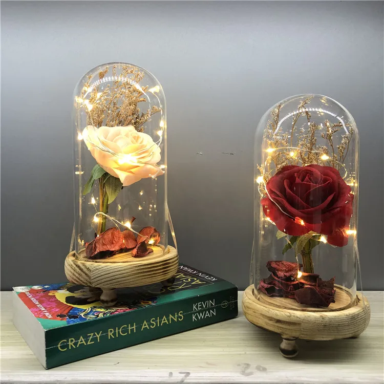 Wholesale preserved rose flowers artificial silk flower with LED light in glass dome perfect gift for festival