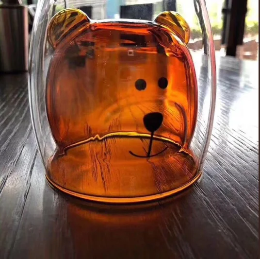 
2018 Hot Sale 85 oz Cartoon Popularity Bear Shape Double Wall Glass Cup Ins Popularity Cup For Coffee Milk Juice Mug 