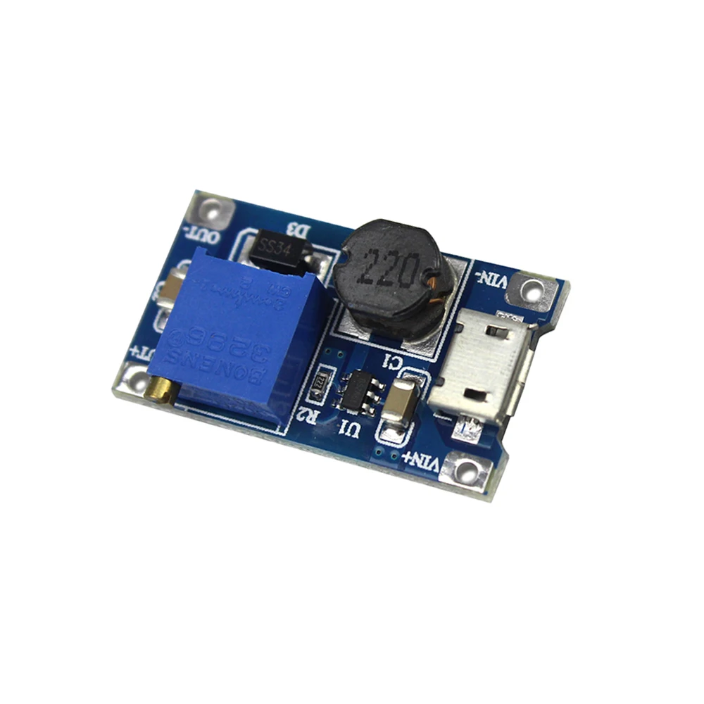 MT3608 DC-DC Adjustable Boost Module 2A Boost Plate 2A Step Up Module with MICRO USB 2V - 24V to 5V 9V 12V 28V LM2577