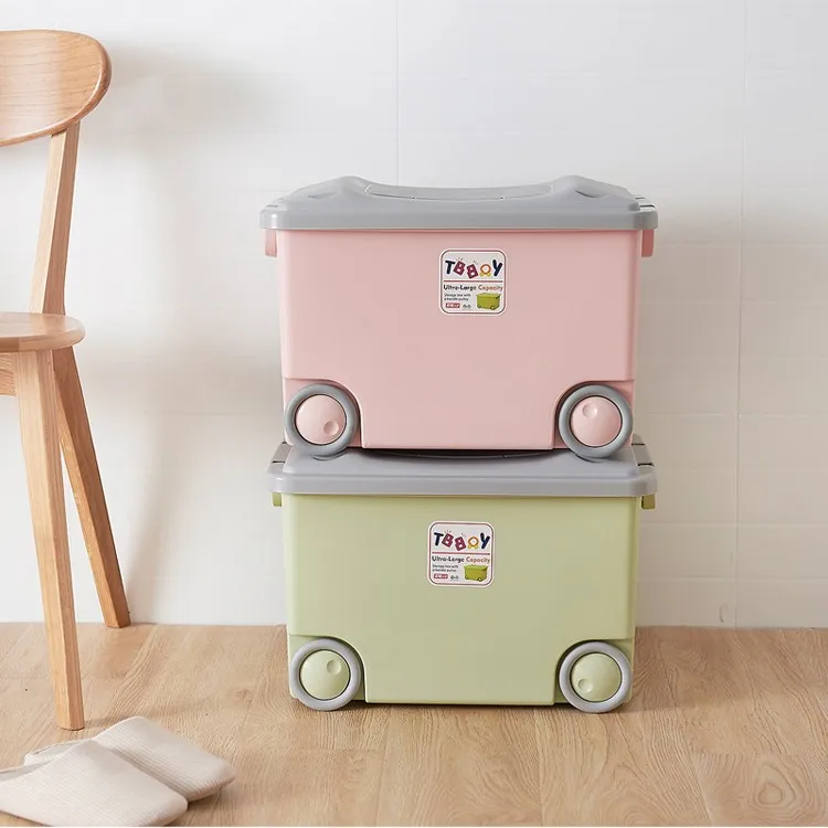 Factory made Plastic Storage Box With Wheels, Colorful storage container cartoon plastic toy storage box with wheel