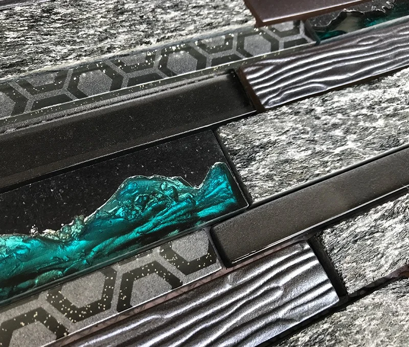 Wall Decorative Backsplash Tile Irregular Strip Glass Stone Mosaic Tile