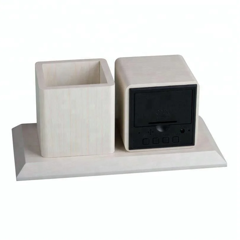 Newest Hot Selling Wooden Led Calendar Time Temperature Voice Control Wood Digital Alarm Clock with Penholder ET544