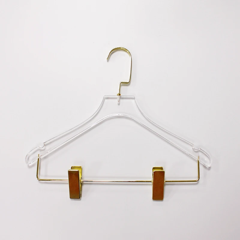 Wholesale clear acrylic coat pants hangers with 2 golden clips custom size logo printing