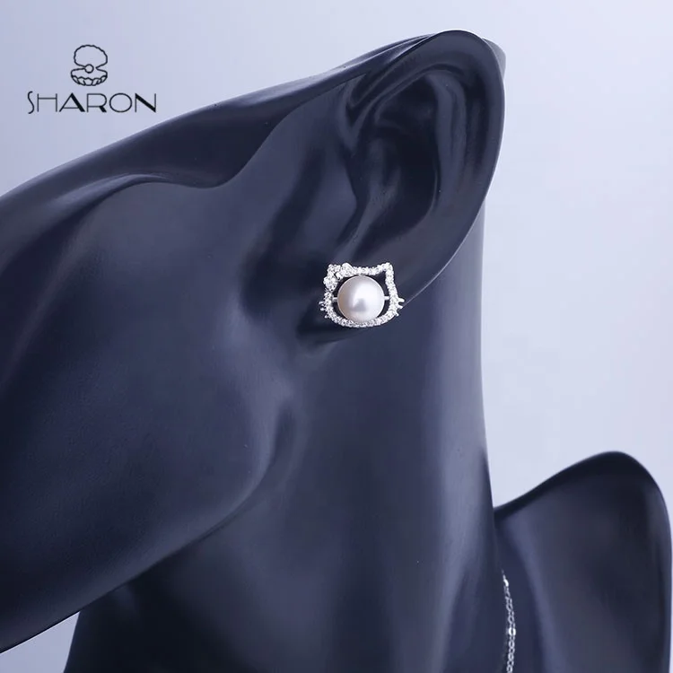 2020 Wholesale Latest Design Girl Jewelry Hello Kitty 925 Sterling Silver Cute Cat Pearl Stud Earrings