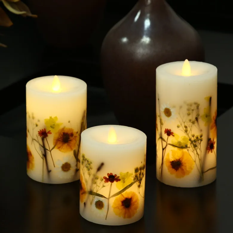 Battery operated moving flame led book scented candle with flower pattern