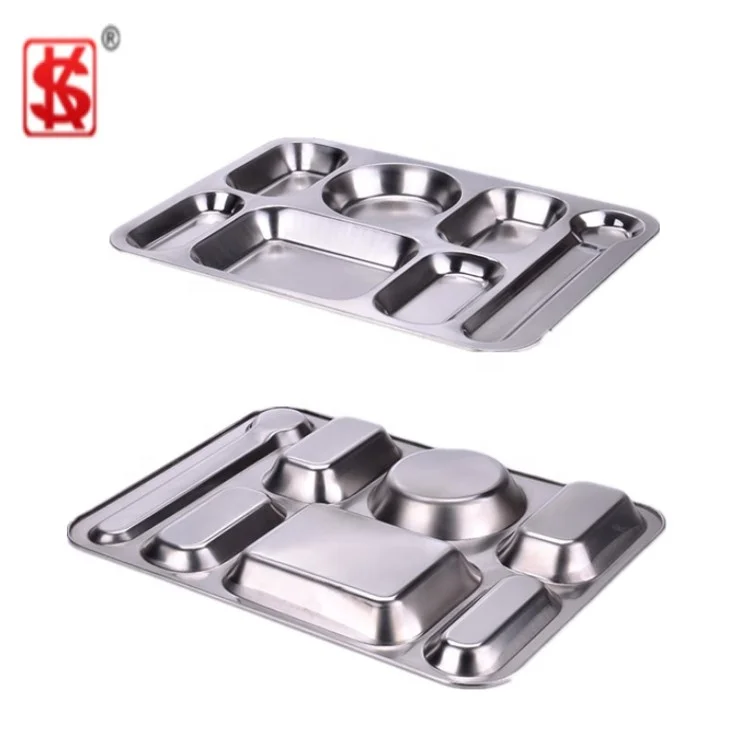 School Canteen Stainless Steel Seven Compartments square lunch tray fast food plate