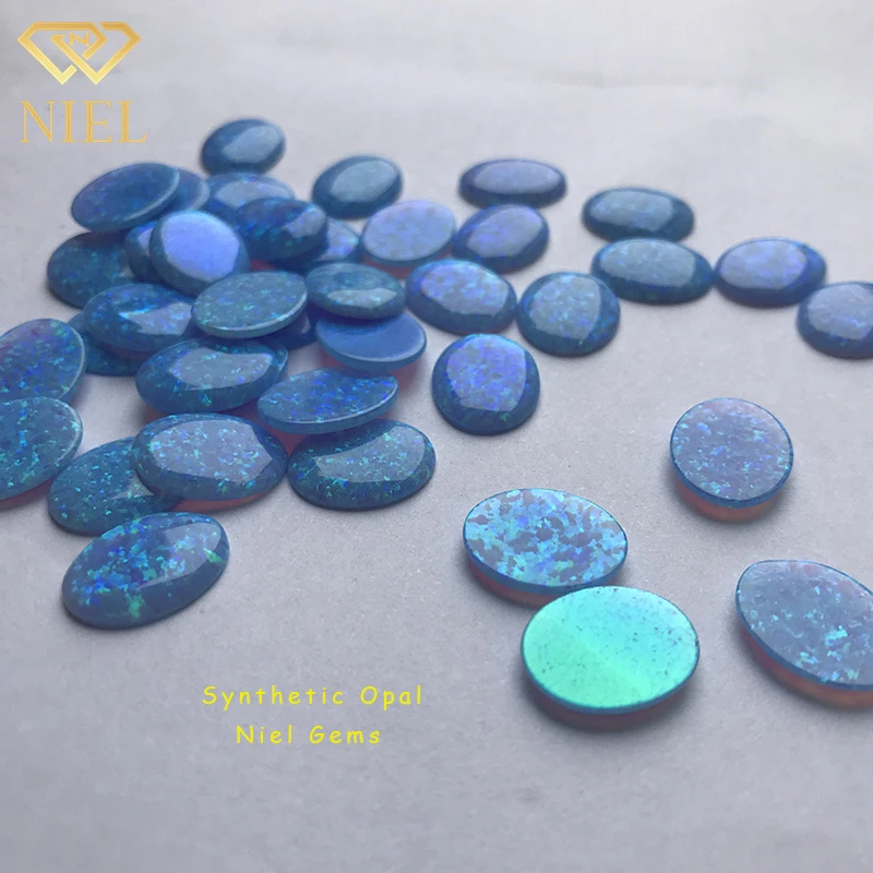 Hot sale 8x10mm synthetic fire blue opal cabochon lab created stone price per gram for necklace or bracelet