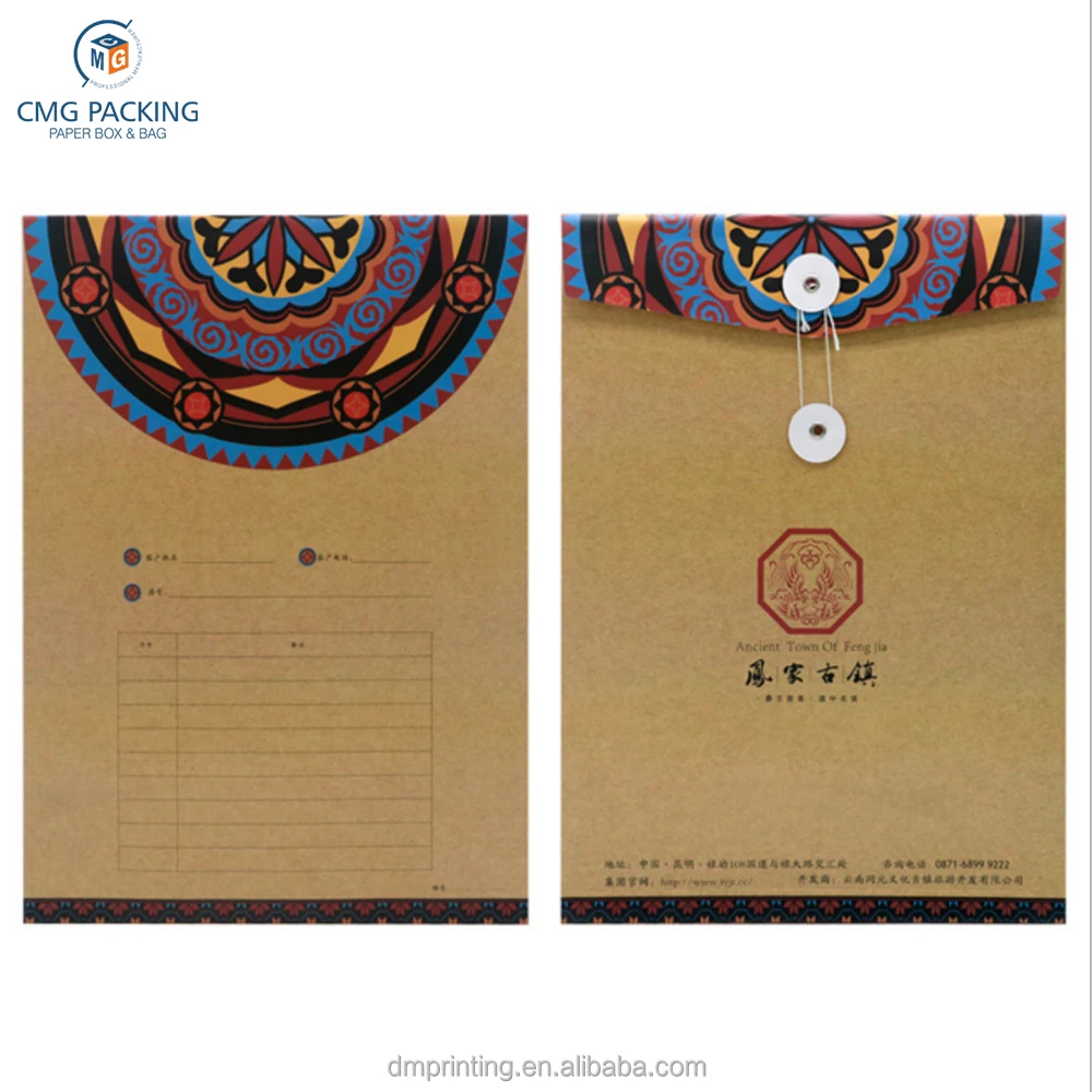 Custom Fancy Design Printing Mini Black Brown Kraft Envelope With Button And String Closure
